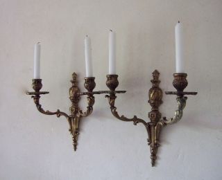 PAIR LARGE ANTIQUE FRENCH GILT BRONZE LOUIS XV 2 BRANCH CANDLE SCONCES,  LIGHTS 2