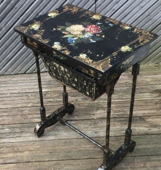 Antique Floral Lacquered Japanned Sewing Table @ 1850 - Stunning Key