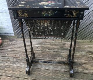ANTIQUE FLORAL LACQUERED JAPANNED SEWING TABLE @ 1850 - STUNNING KEY 2