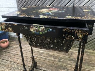 ANTIQUE FLORAL LACQUERED JAPANNED SEWING TABLE @ 1850 - STUNNING KEY 3