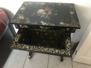 ANTIQUE FLORAL LACQUERED JAPANNED SEWING TABLE @ 1850 - STUNNING KEY 5