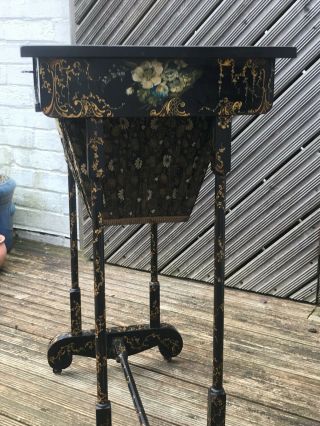 ANTIQUE FLORAL LACQUERED JAPANNED SEWING TABLE @ 1850 - STUNNING KEY 7