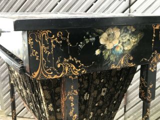 ANTIQUE FLORAL LACQUERED JAPANNED SEWING TABLE @ 1850 - STUNNING KEY 8