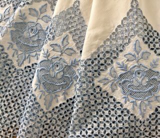 Vintage Linen Profusely Embroidered Tablecloth Stunning Cut Work & Roses