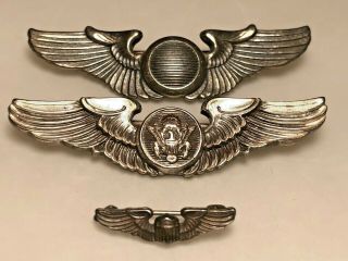 (3) Vintage Ww2 Army Air Corp Enlisted Crew Wings - Sterling Pin Backs