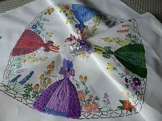 Vintage Hand Embroidered Tablecloth/ Exquisite Colourful Crinoline Ladies