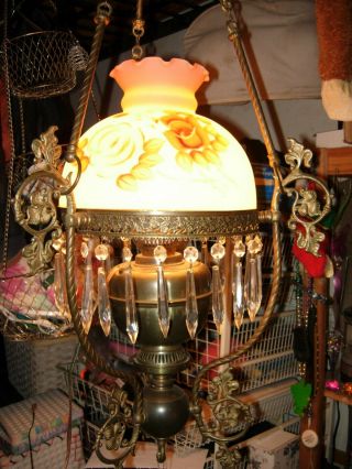Antique Victorian Hanging Oil/kerosene Library/parlor Lamp Electric Conversion