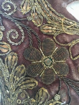 Antique 19thc Gold Bullion Stumpwork Embroidery Fragment Chocolate Silk 10 " × 9 "