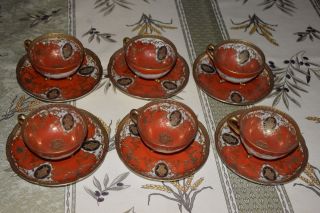 Rare 20s 6 Tea Cups&saucers Porcelain Orange Gold Rococo Meito Porzellan Germany