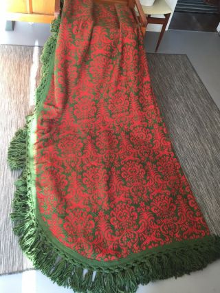 Vintage Welsh Wool Green And Red Blanket Tapestry Rug Throw Leaf Flower Tassels