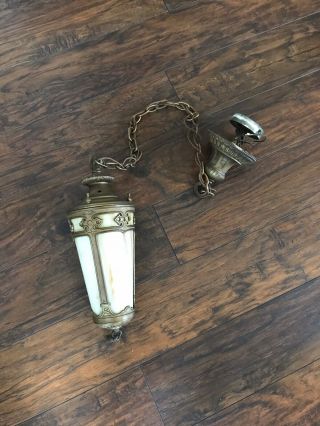Vintage 1920’s 30’s Slag Glass And Brass Swag Pendant Light Fixture Victorian