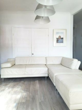 Large Habitat Modular Cream Leather & Chrome L Shaped Sectional Corner Sofa