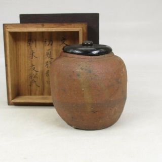 H023: Real Old Japanese Bizen Stoneware Tea Caddy With Wonderful Atmosphere