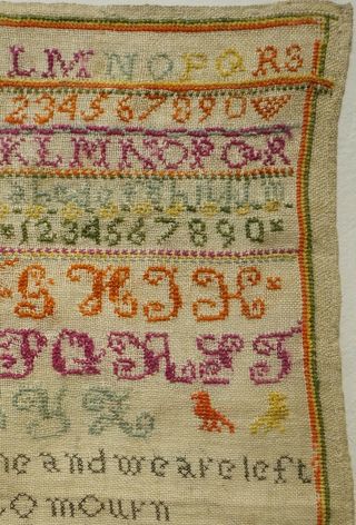 MID 19TH CENTURY ALPHABET,  VERSE & MOTIF SAMPLER BY ANGELINA LIDGETT AGE 10 1863 5