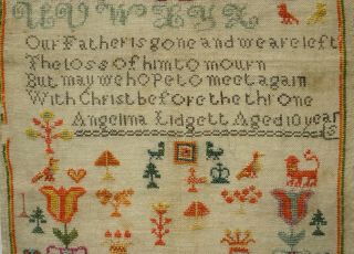 MID 19TH CENTURY ALPHABET,  VERSE & MOTIF SAMPLER BY ANGELINA LIDGETT AGE 10 1863 8