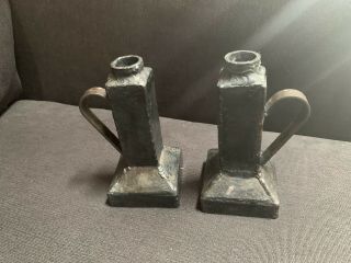 Mission Arts And Crafts Hammered Metal Candlesticks With Handles