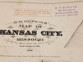 VINTAGE ATLAS - CITY OF KANSAS,  Missouri.  1886 EXTREMELY RARE 6