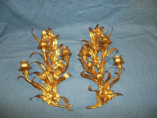 Pair Vtg Gilt Gold Hollywood Regency Italy Rose Wall Sconce Table Candle Holders