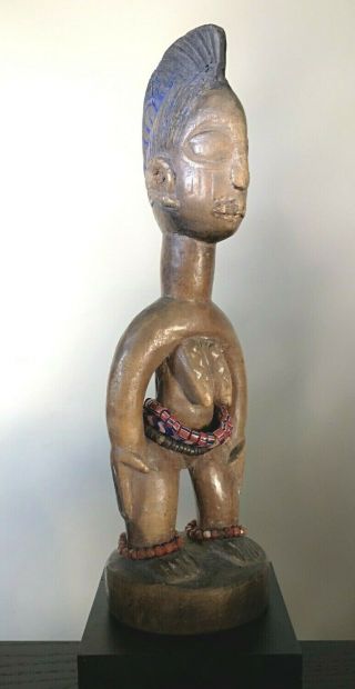 Fine Old Nigerian Yoruba Wooden Tribal Ibeji Twin Figure W Beads & Reckitts Blue