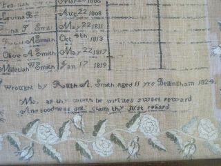 Antique c1824 NEEDLEWORK Sampler BIRTH Marriage Death Ruth Age 11 Smith Family 4