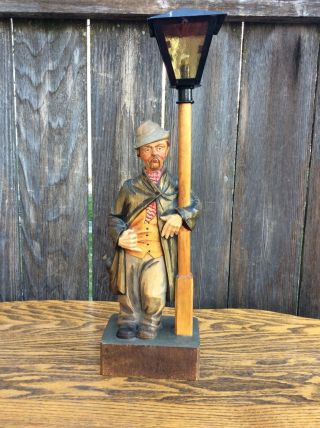 Antique German Black Forest Hand Carved Wind Up Whistling Man By Lamp Post,  P/r