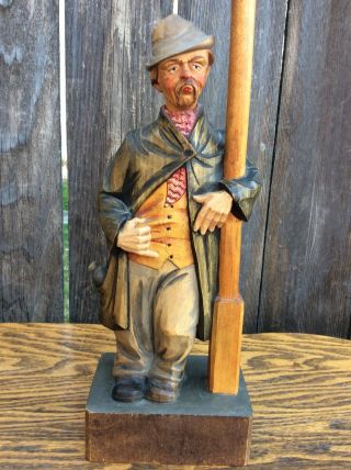 Antique German Black Forest Hand Carved Wind Up Whistling Man by Lamp Post,  P/R 2