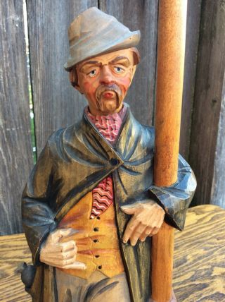 Antique German Black Forest Hand Carved Wind Up Whistling Man by Lamp Post,  P/R 3