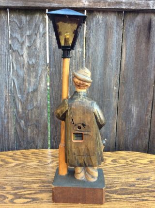 Antique German Black Forest Hand Carved Wind Up Whistling Man by Lamp Post,  P/R 5