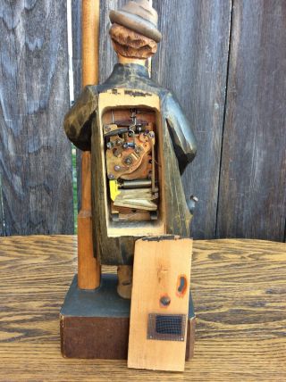 Antique German Black Forest Hand Carved Wind Up Whistling Man by Lamp Post,  P/R 6