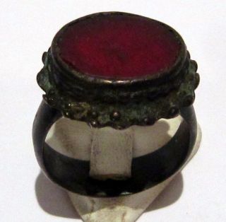 Large And Huge Post - Medieval Bronze Ring With Red Stone 818