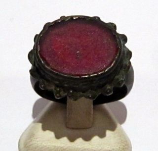 LARGE AND HUGE POST - MEDIEVAL BRONZE RING WITH RED STONE 818 2