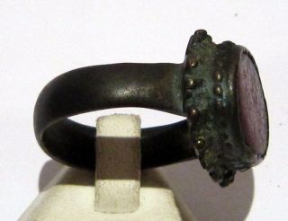 LARGE AND HUGE POST - MEDIEVAL BRONZE RING WITH RED STONE 818 3