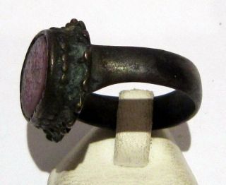 LARGE AND HUGE POST - MEDIEVAL BRONZE RING WITH RED STONE 818 4