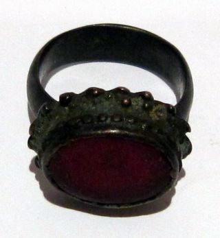 LARGE AND HUGE POST - MEDIEVAL BRONZE RING WITH RED STONE 818 7