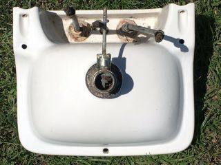 Vtg/Ant - WHITE PORCELAIN CERAMIC WALL MOUNT SMALL SINK - With Fixture Faucet 3