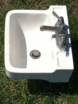 Vtg/Ant - WHITE PORCELAIN CERAMIC WALL MOUNT SMALL SINK - With Fixture Faucet 5