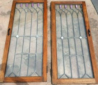 2 Old Vintage Antique Leaded Stained Glass Window Pink Clear Set 20 " X48 "