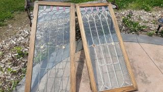 2 OLD VINTAGE ANTIQUE LEADED STAINED GLASS WINDOW PINK CLEAR SET 20 