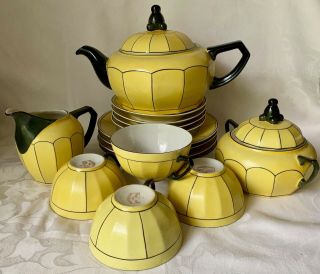 1920s Art Deco M.  Rosenbaum & Sons Bavaria Yellow & Black 15pc Porcelain Tea Set