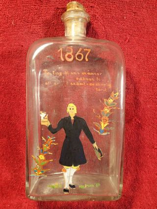 Dated 1867 Antique Vintage All Hanpainted Flask Bottle Sweden Swedish