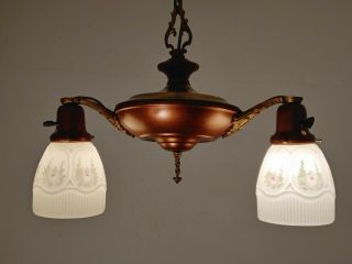 Antique Vintage 20 ' s Art Deco Ceiling Light,  CHANDELIER reverse painted shades 12