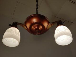 Antique Vintage 20 ' s Art Deco Ceiling Light,  CHANDELIER reverse painted shades 4