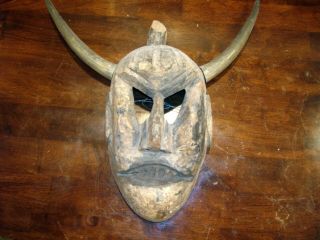 African Hand Carved Wood Mask With Real Horns " Cool "