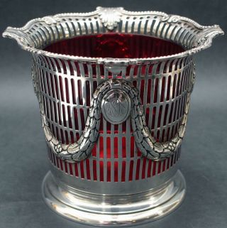 Antique 19thc Gorham Sterling Silver Pierced Basket Cranberry Glass Liner