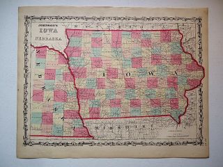 Vintage Authentic 1860 Iowa Nebraska Map Old Antique Johnson Atlas