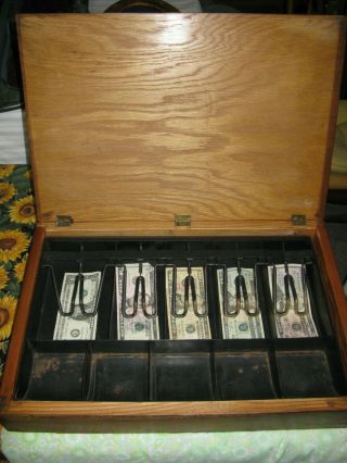 Vintage/antique Wood Money/ Cash Box W/metal Insert Hinged Lid