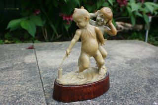 Chinese Soapstone Carved 2 Kids Play Firecracker Figure On Wooden Stand - Signed