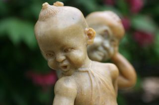 Chinese Soapstone Carved 2 Kids Play Firecracker Figure on Wooden Stand - Signed 2