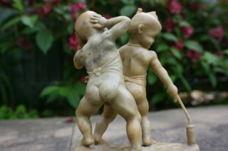 Chinese Soapstone Carved 2 Kids Play Firecracker Figure on Wooden Stand - Signed 4