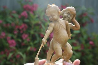 Chinese Soapstone Carved 2 Kids Play Firecracker Figure on Wooden Stand - Signed 7